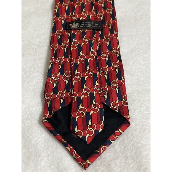 PAOLO GUCCI MEN'S TIE RED/NAVY/HORSEBIT PATTERN, 100% SILK, EXCELLENT CONDITION - Picture 5 of 5